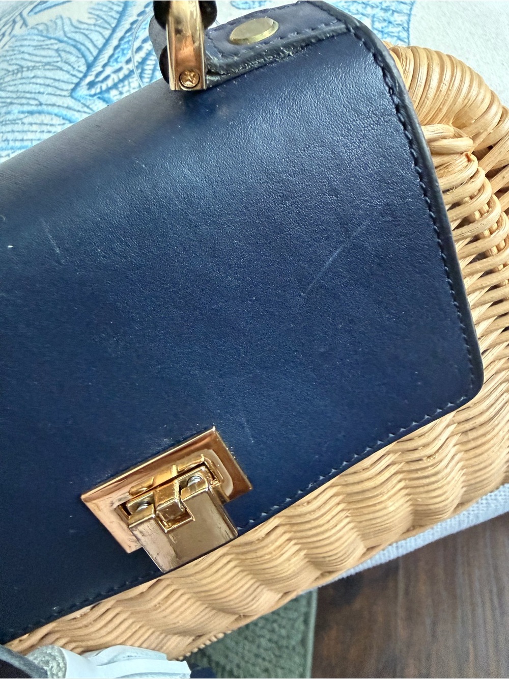 Woven Rattan Crossbody Bag with Blue Leather like Flap - Picture 6 of 8